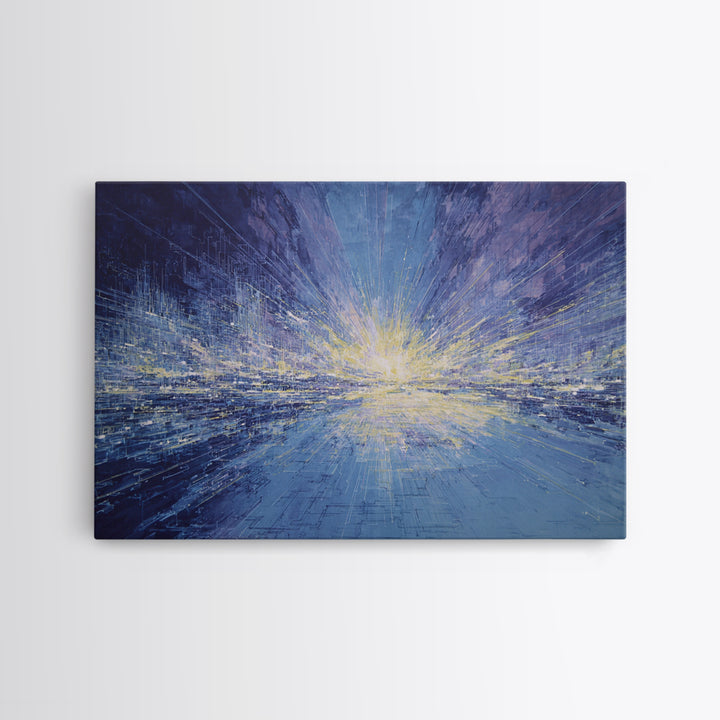 Electric Blue Abstract Cityscape Wall Art, Luminous Horizon Canvas, Contemporary Decor For Living Room And Office Gallery