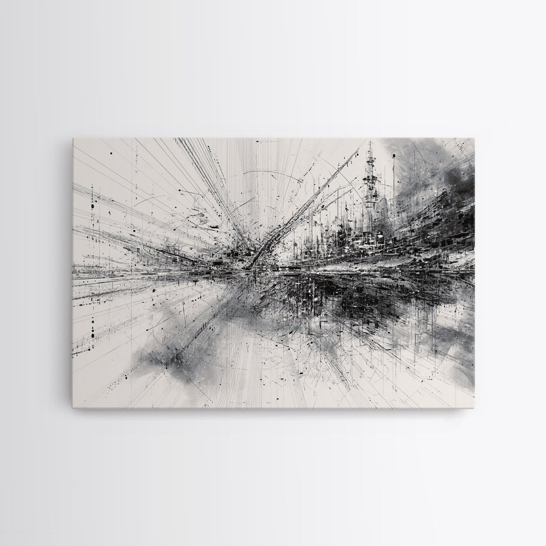 Monochrome Abstract Technical Skyline Canvas Print, Black And White Wall Decor, Minimalist Modern Office Art Gift For Study