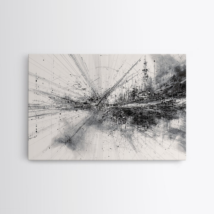 Monochrome Abstract Technical Skyline Canvas Print, Black And White Wall Decor, Minimalist Modern Office Art Gift For Study