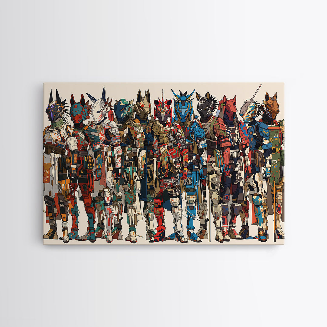 Futuristic African Mecha Warriors, Tribal Mask Canvas Print, Afrocentric Wall Art, Bold Black Culture Art, Modern Safari Decor