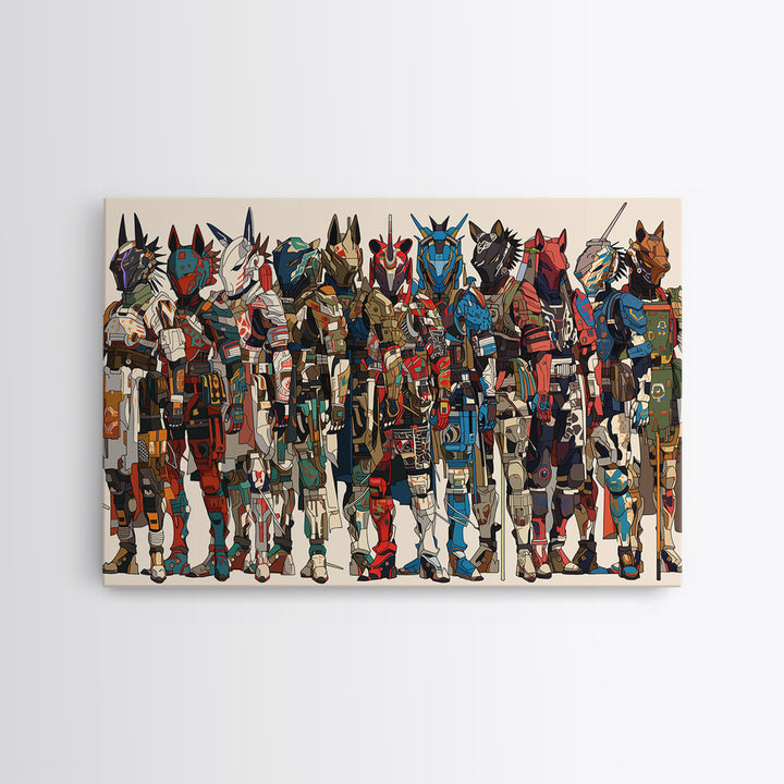 Futuristic African Mecha Warriors, Tribal Mask Canvas Print, Afrocentric Wall Art, Bold Black Culture Art, Modern Safari Decor