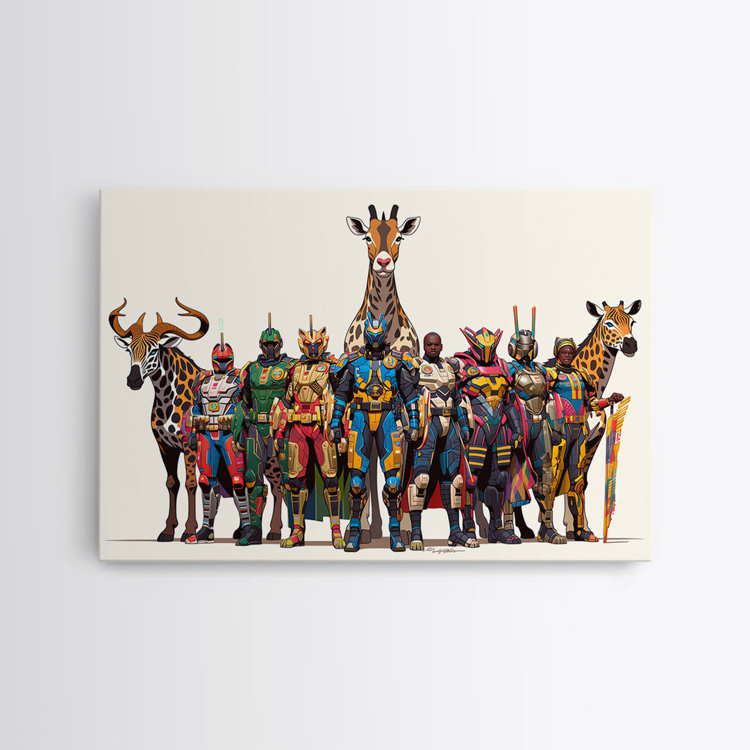 Afrofuturist Safari Warriors With Giraffes, African Wall Art, Framed Canvas Print, Tribal Queen Art, Bold Home Decor Gift