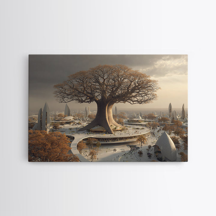 Giant Baobab Future City At Sunset, African Landscape Wall Art, Framed Canvas Print, Afrofuturism Decor, Statement Art For Living Room