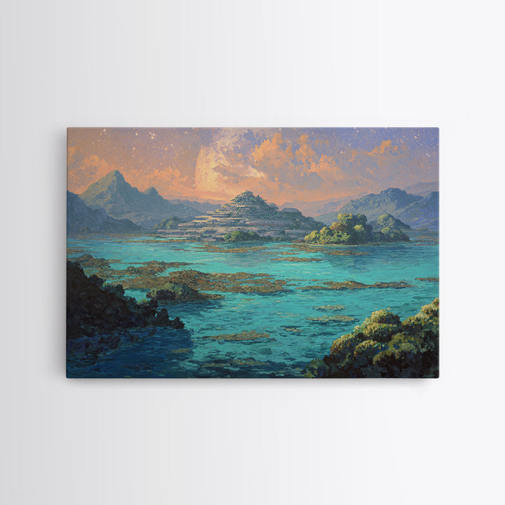 Turquoise Island Temple Landscape, Dreamy African Inspired Wall Art, Canvas Print, Nature Scene Art, Bohemian Home Decor Gift