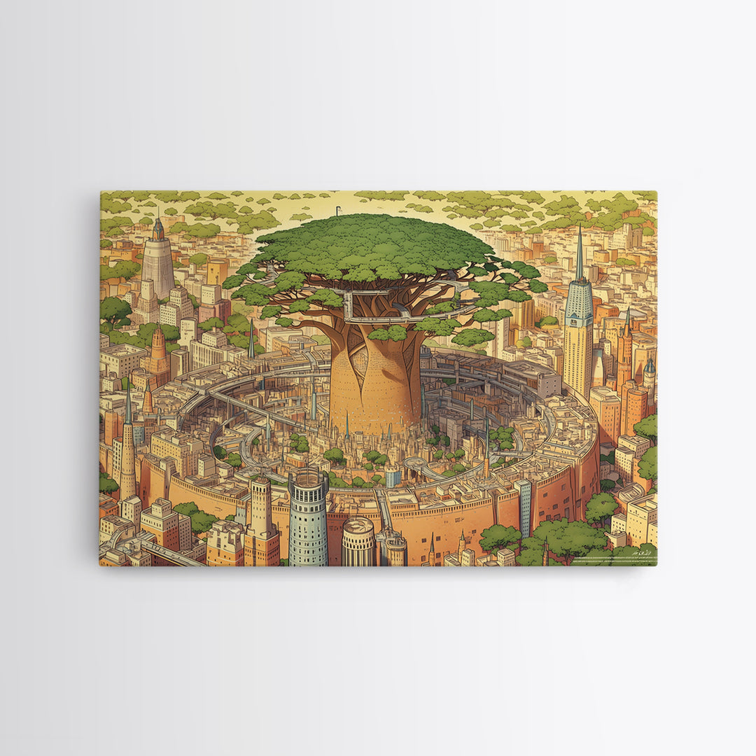 Illustrated Baobab Megacity, African Tree Wall Art, Framed Canvas Print, Afrofuturism Decor, Statement Cultural Home Decor Gift
