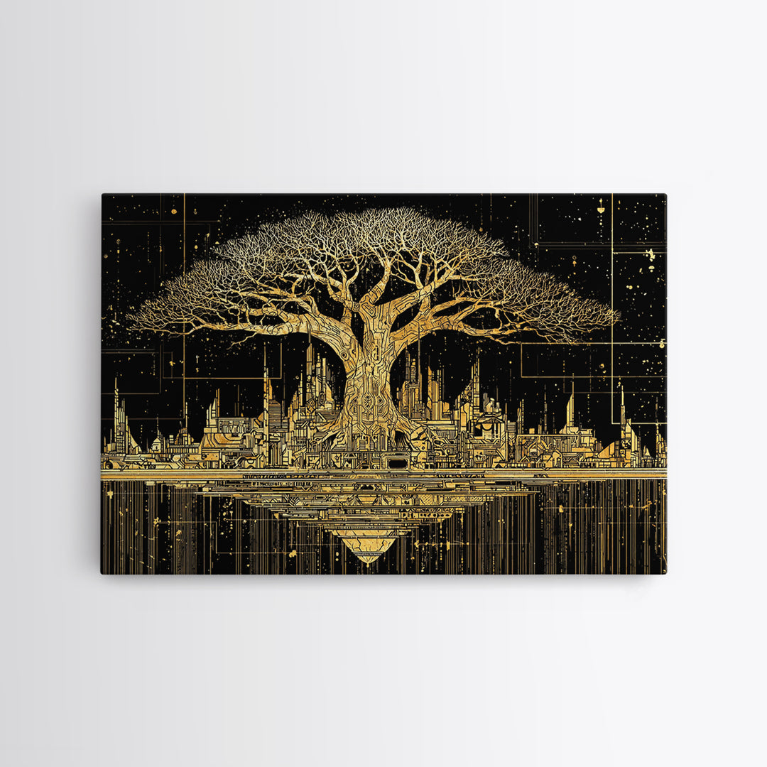 Gold Baobab Futuristic Skyline On Black, African Wall Art, Canvas Print, Black And Gold Art, Luxury Canvas Art Statement Home Decor