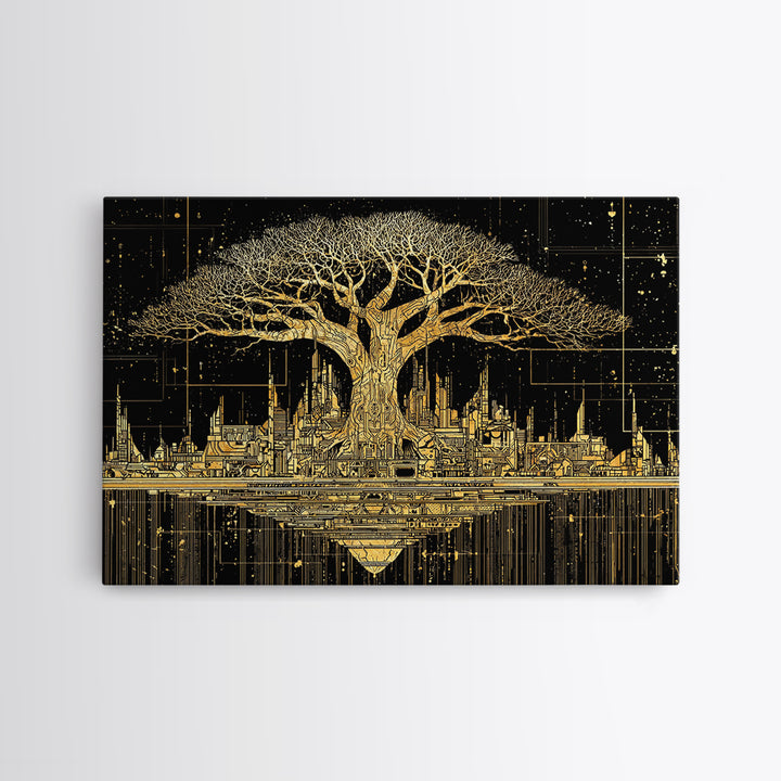 Gold Baobab Futuristic Skyline On Black, African Wall Art, Canvas Print, Black And Gold Art, Luxury Canvas Art Statement Home Decor