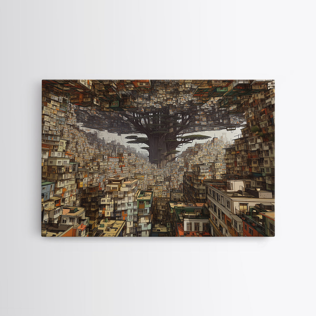 Upside Down Baobab Cityscape, African Abstract Wall Art, Framed Canvas Print, Urban Wall Art, Afrofuturism Statement Home Decor