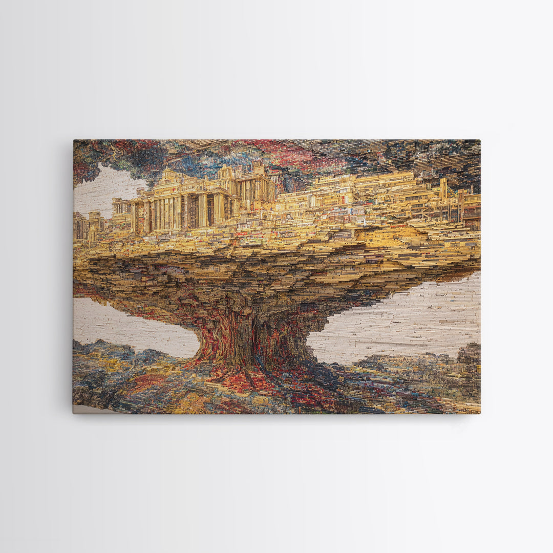 Ancient City Tree Mirage, Textured African Landscape Wall Art, Framed Canvas Print, Cultural Art Print, Earth Tone Decor