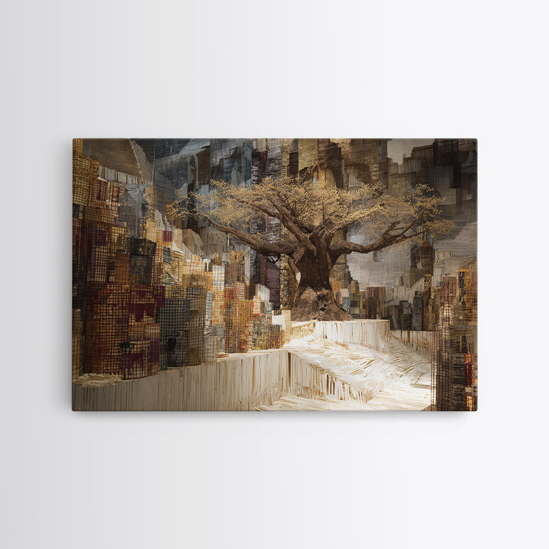 Golden Baobab In Abstract Cityscape Wall Art, African Landscape, Modern African Art, Earth Tone Living Room Decor Canvas
