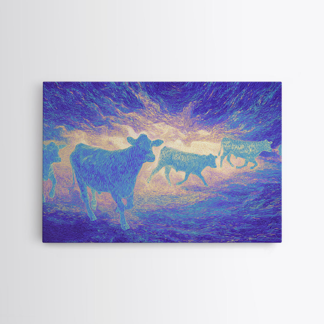 Neon Pastel Cows At Sunset Canvas Print, African Animal Art, Safari Art, Colorful Wall Decor, Farm Animal Living Room Art