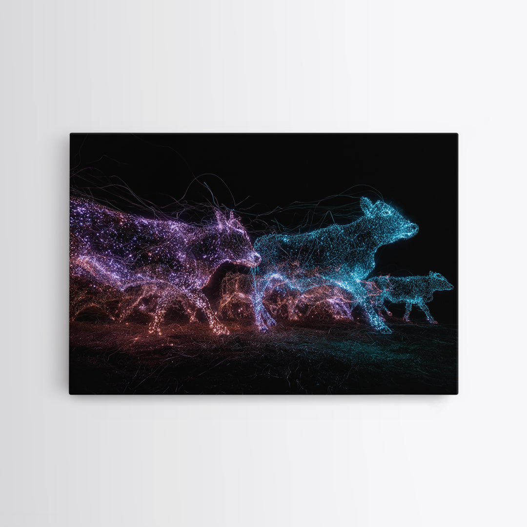 Glowing Digital Cattle Herd Wall Art, African Animal Art, Modern Abstract Black Art, Neon Safari Decor, Unique Canvas Print