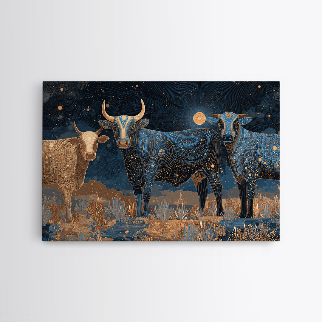 Celestial Longhorn Cattle Canvas Print, African Animal Art, Tribal Patterns, Southwestern Wall Decor, Boho Living Room Art