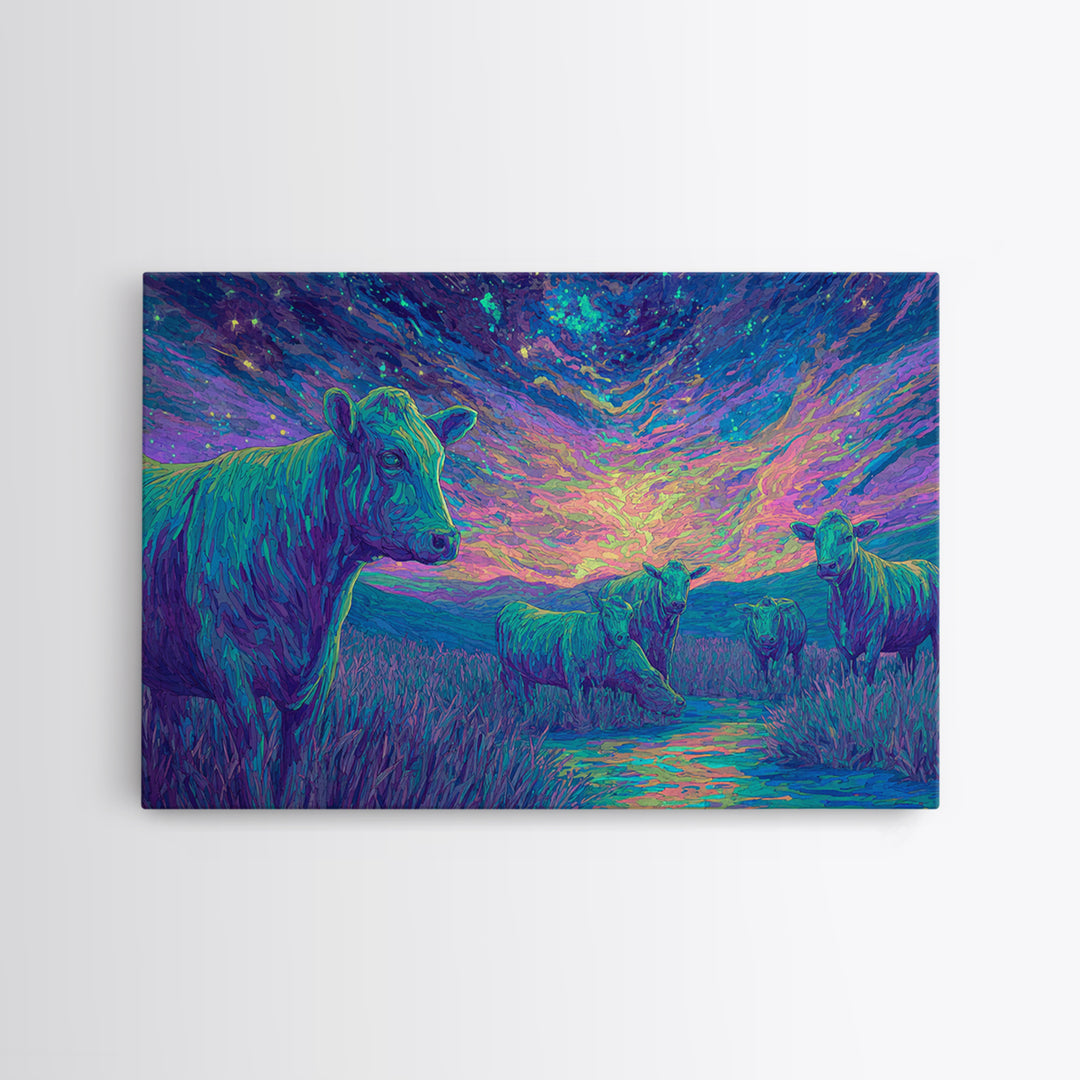 Violet Twilight Cows By Creek Wall Art, African Animal Art, Colorful Safari Art, Dreamy Wall Decor, Nature Scene Canvas Print