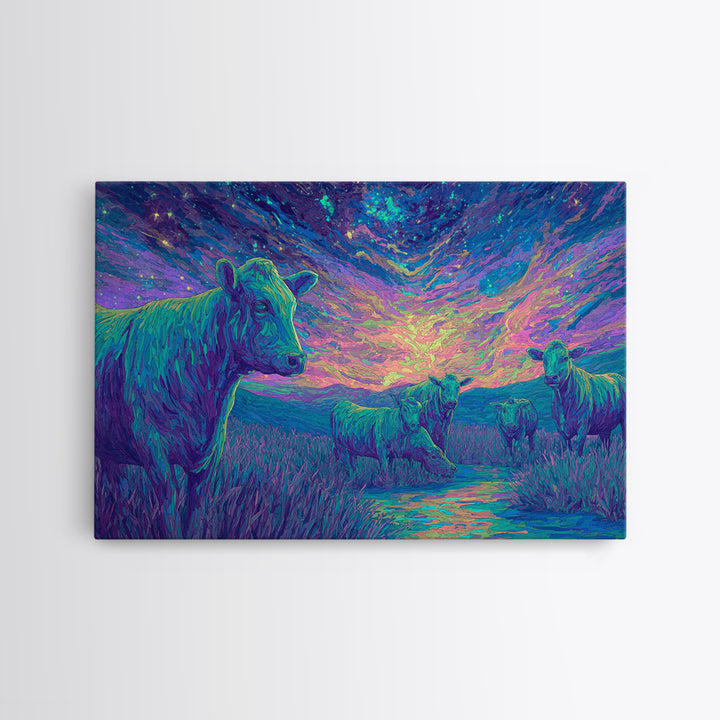 Violet Twilight Cows By Creek Wall Art, African Animal Art, Colorful Safari Art, Dreamy Wall Decor, Nature Scene Canvas Print