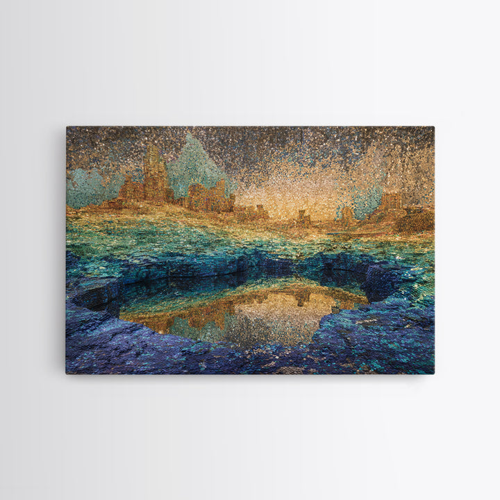 Shimmering Coastal City Lagoon Wall Art, African Landscape, Modern Abstract Art, Teal Gold Decor, Dreamy Living Room Canvas