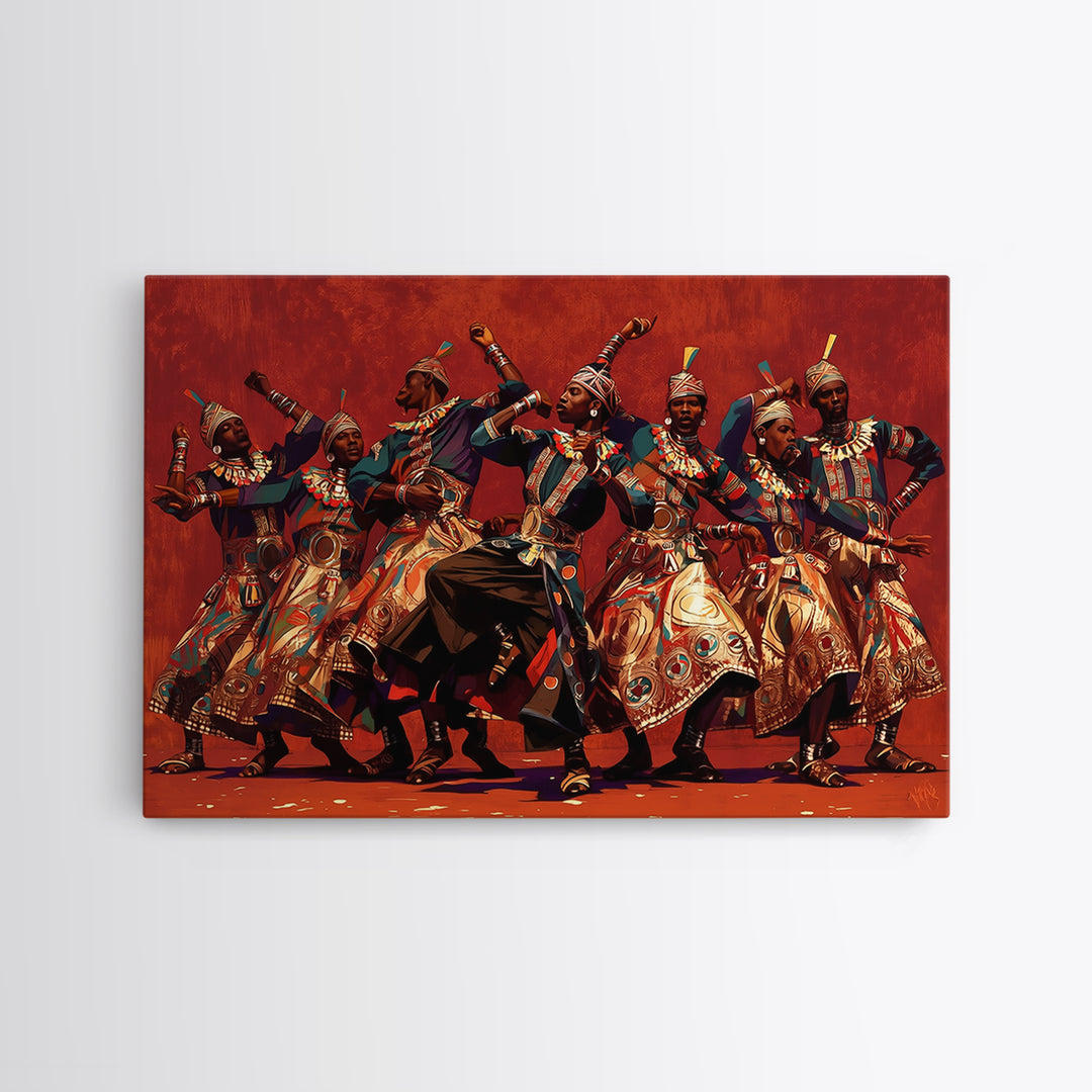 Energetic African Dancers Celebration Wall Art, African Women Art, Cultural Art Print, Red Statement Decor, Afrocentric Canvas