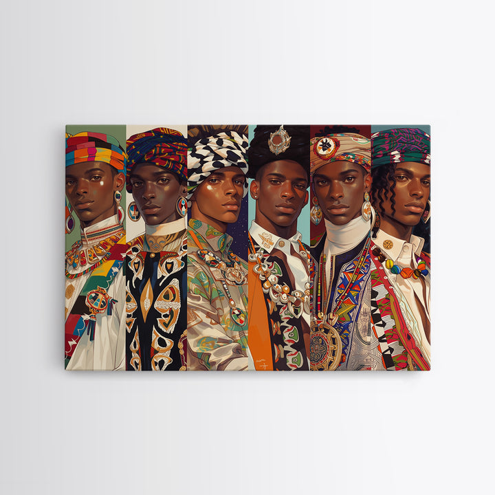 Six Regal African Portraits Wall Art, African Fabric, Nigerian Fashion Art, Black Beauty Art, Colorful Portrait Canvas Print