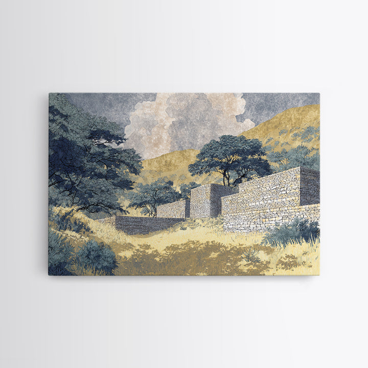 Sunlit Stone Walls In African Hills Framed Canvas Print, Serengeti Landscape Art, Earth Tone Safari Decor Gift, Living Room Wall Decor
