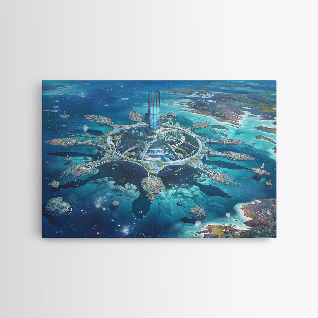 Futuristic Ocean City And Floating Islands Canvas Print, Afrofuturism Wall Art, Blue Sci Fi Coastal Home Decor For Office Gift