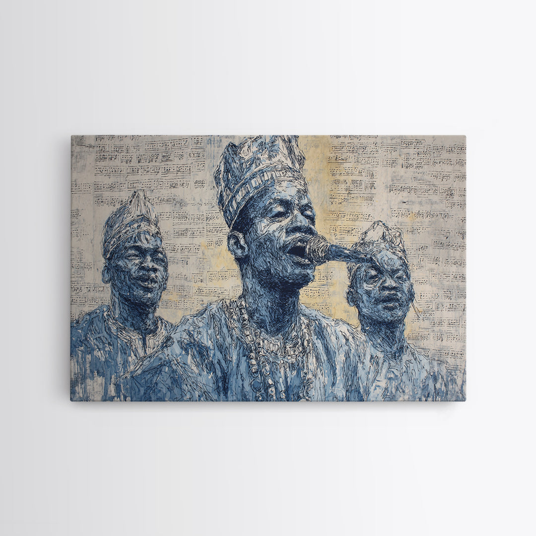 Blue Ink African Musicians Singing In Traditional Hats Wall Art, Cultural Portrait Art Print, Black History Home Decor Gift