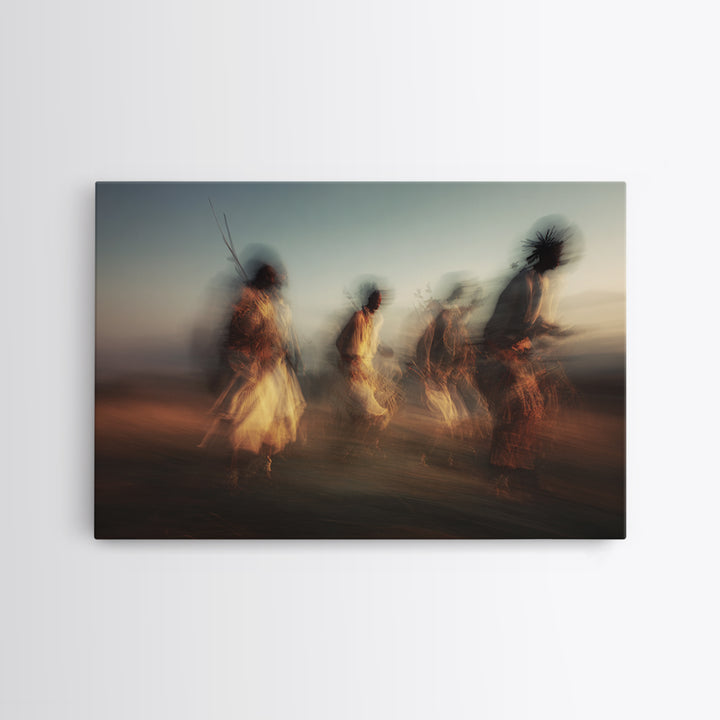Twilight Tribal Warriors Dancing Framed Canvas Print, African Warrior Art, Safari Culture Wall Decor, Ethnic Home Decor Gift