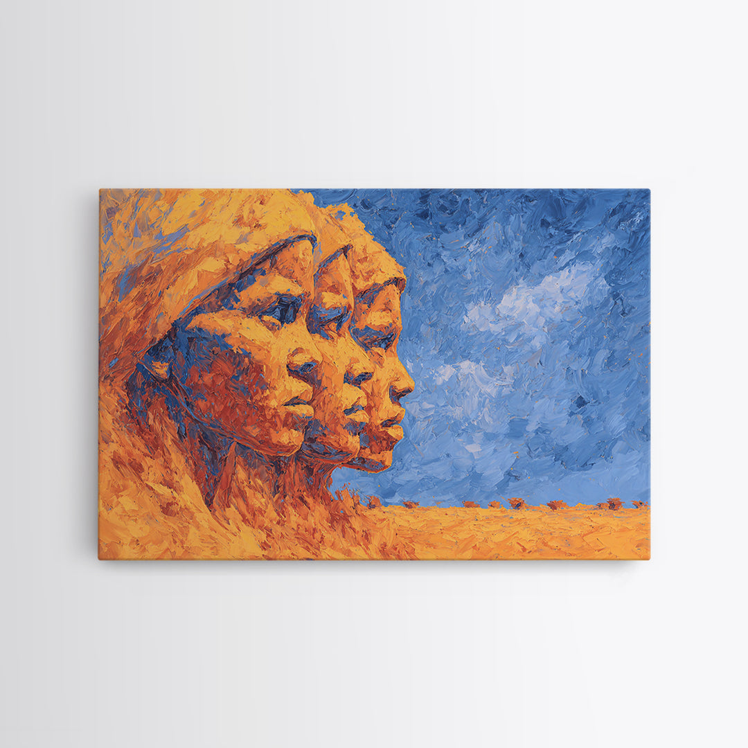Three African Women Profiles Canvas Print, Orange Blue Portrait Wall Art, Black Beauty Art, Afrocentric Home Decor Art Gift
