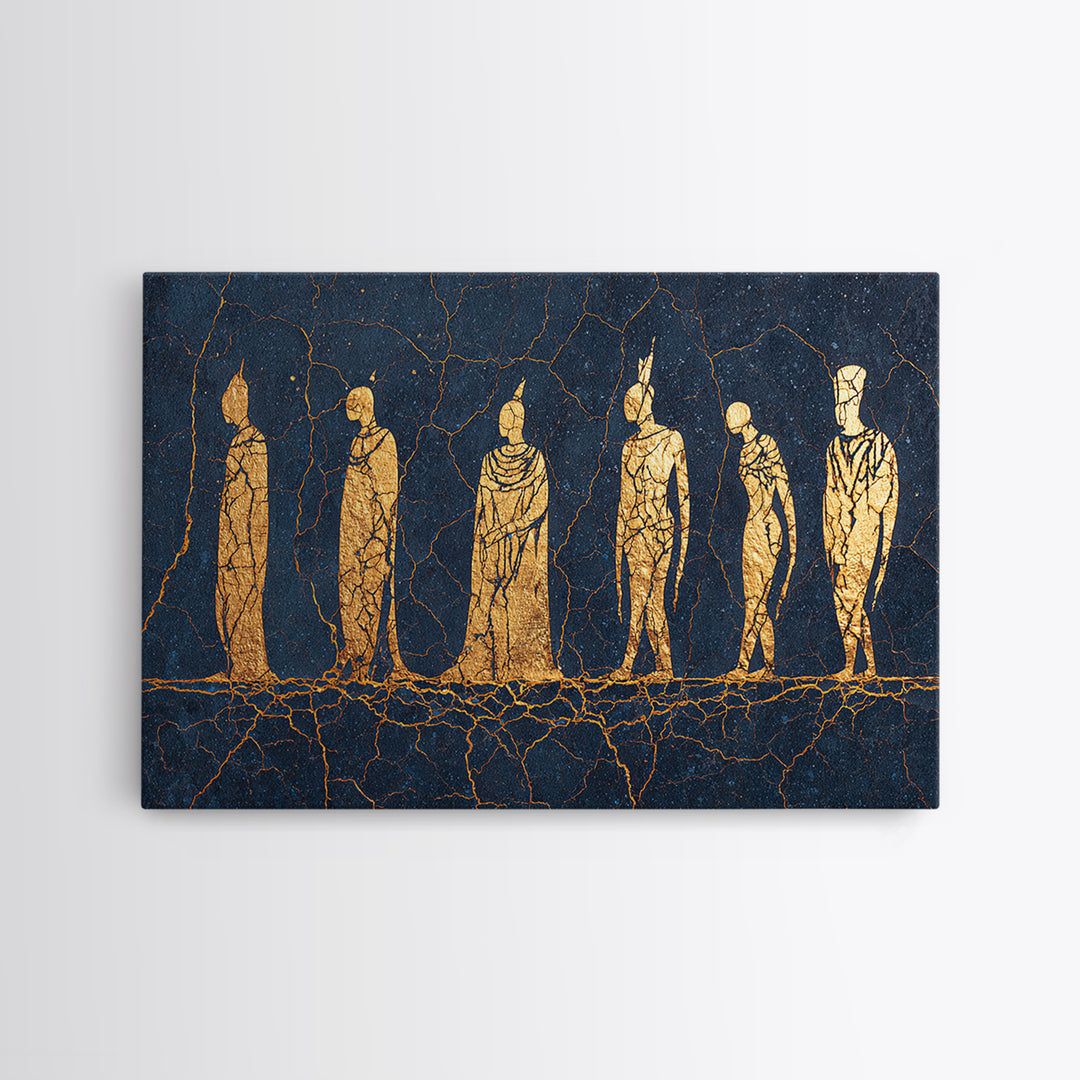 Golden Tribal Figures On Cracked Blue Wall Art, Ancient African Art Print, Ethnic Sculpture Decor, Cultural Home Decor Gift
