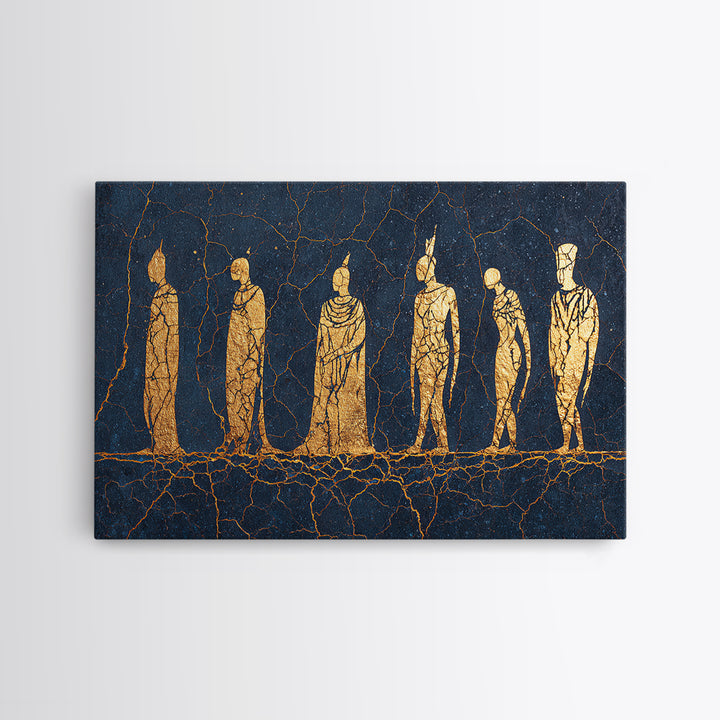 Golden Tribal Figures On Cracked Blue Wall Art, Ancient African Art Print, Ethnic Sculpture Decor, Cultural Home Decor Gift