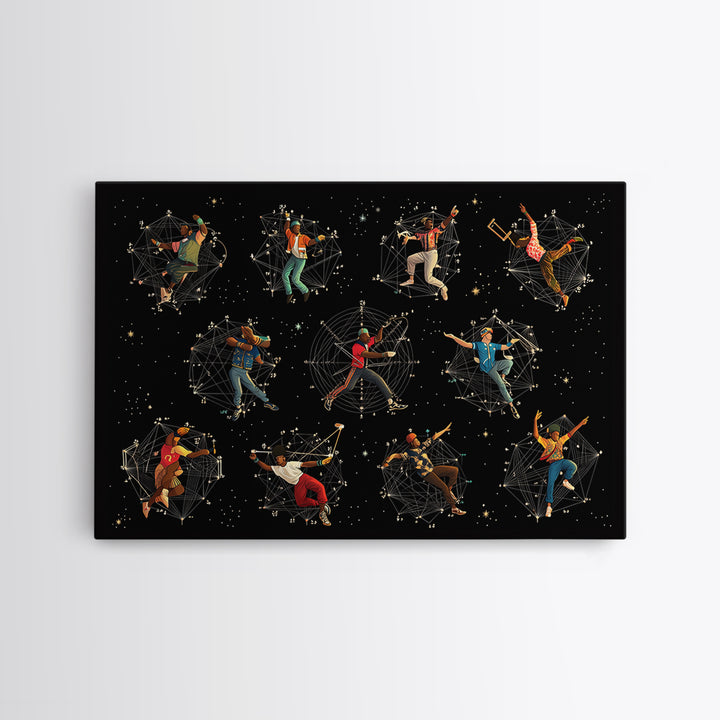 Cosmic African Dancers With Geometric Stars Wall Art, Afrofuturism Decor, Black Culture Art Print, Modern Canvas Art Gift