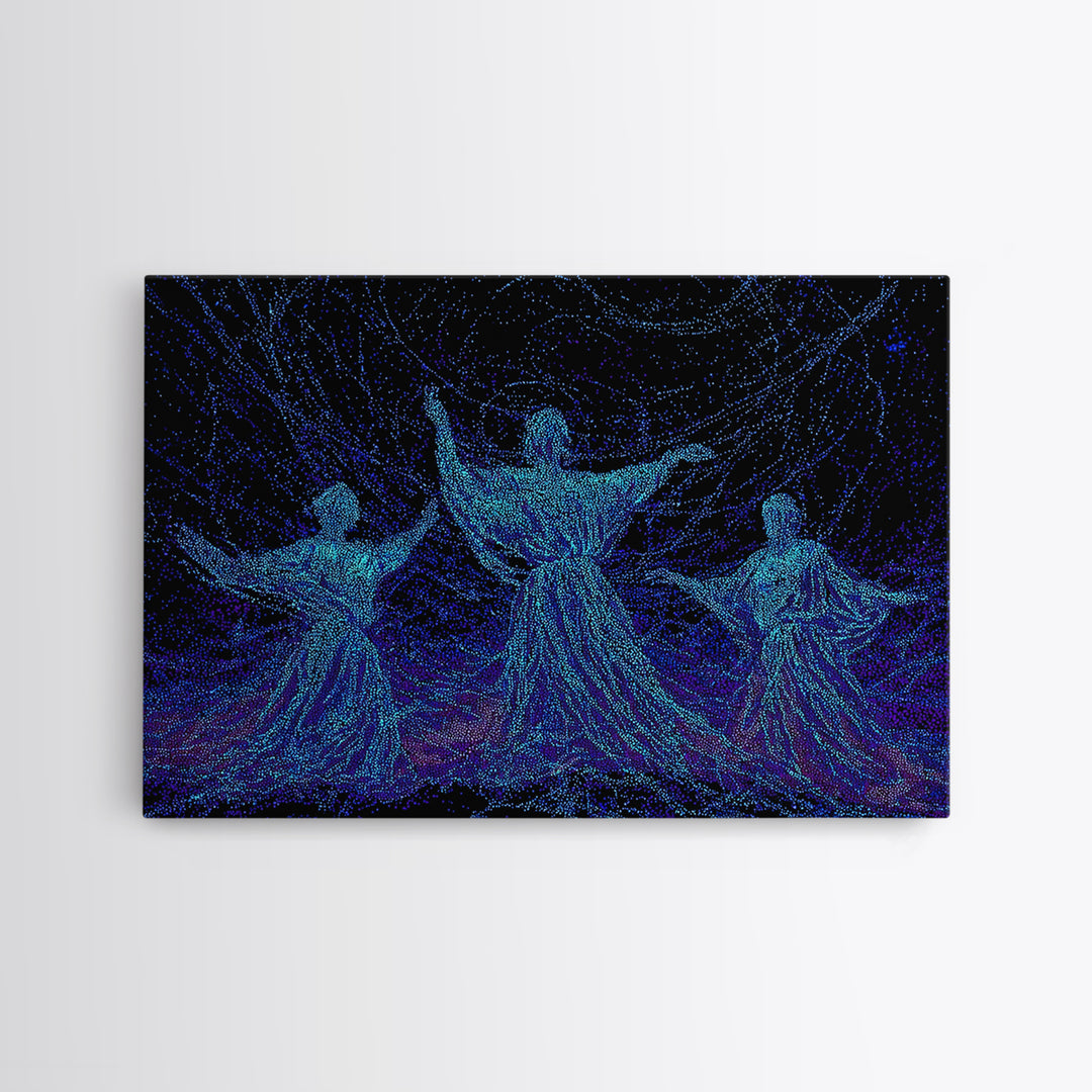 Glowing Blue African Dancers In Starry Motion Wall Art, Afrocentric Decor, Spiritual Feminine Canvas, Modern Black Art Prints