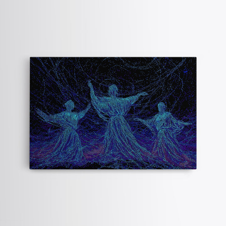 Glowing Blue African Dancers In Starry Motion Wall Art, Afrocentric Decor, Spiritual Feminine Canvas, Modern Black Art Prints