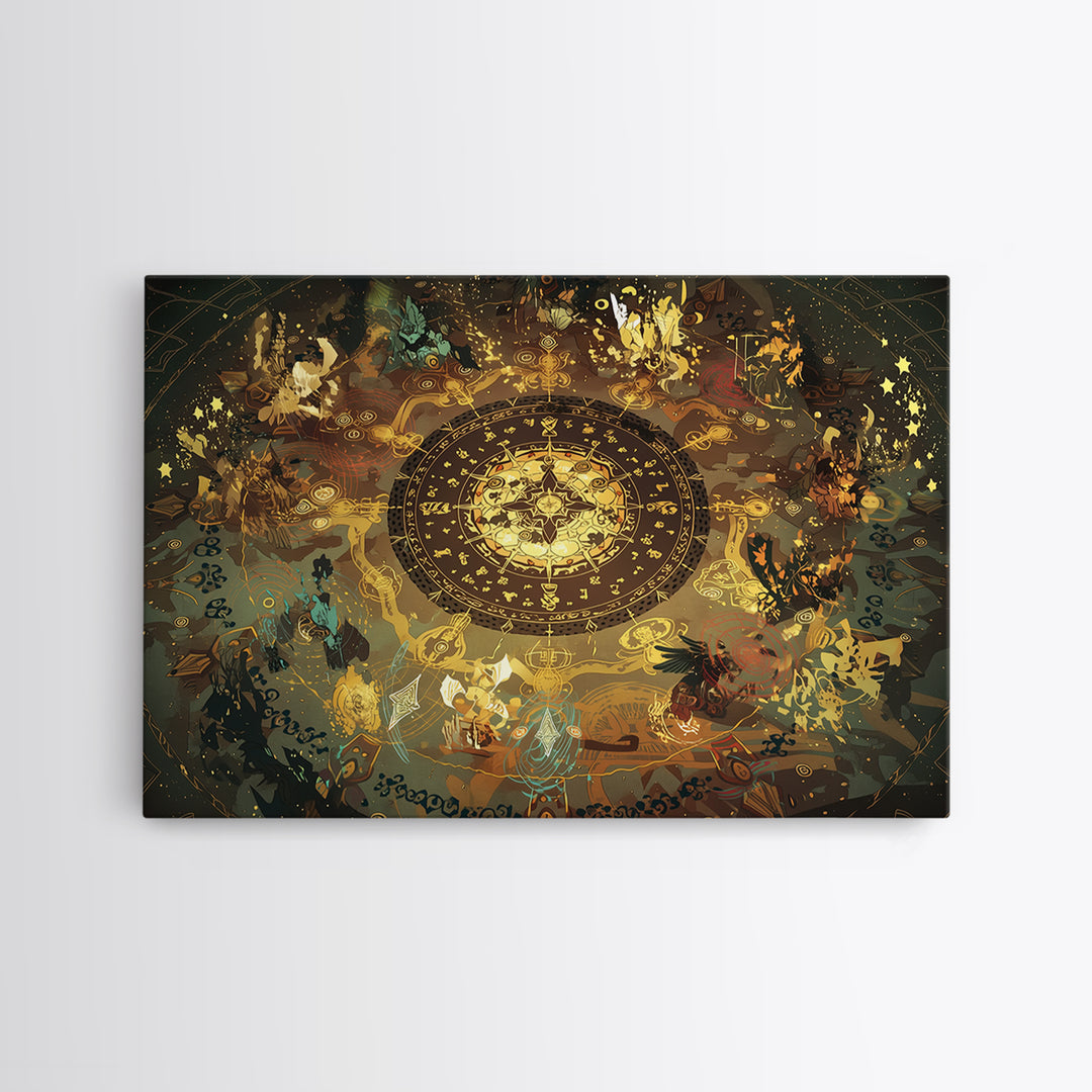 Golden Zodiac Circle And Mystical Animals Wall Art, Spiritual Decor, Astrology Inspired Canvas Print, Boho Home Decor, Gift