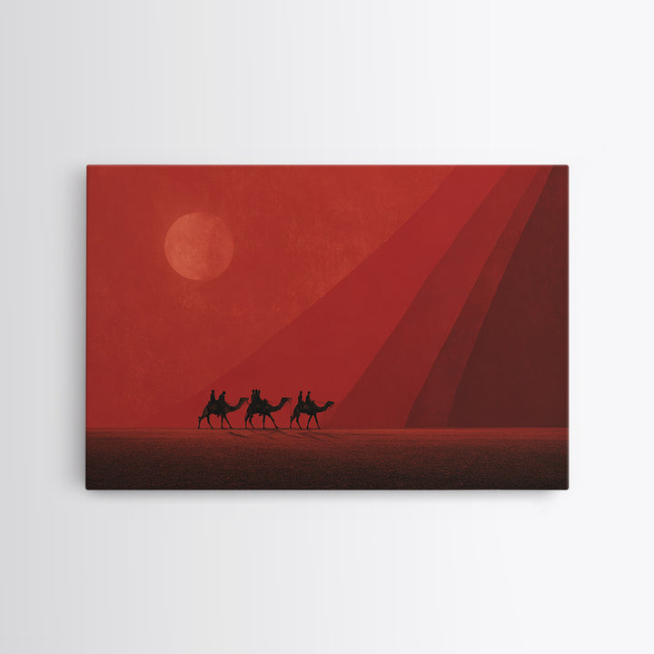 Red Desert Camel Caravan At Sunset Canvas Print, African Safari Art, Morocco Travel Poster, Earth Tone Wall Decor Gift For Him