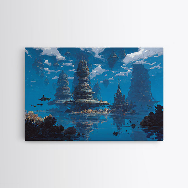 Blue Underwater Fantasy Cityscape Wall Art, Modern Canvas Print, Dreamy Ocean Decor, Unique Large Living Room Art, Home Decor Gift