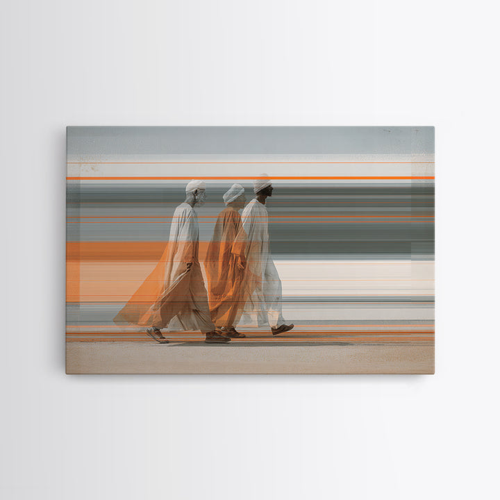 Three Robed Travelers In Motion Wall Art, African Inspired Modern Canvas, Cultural Home Decor, Statement Living Room Print