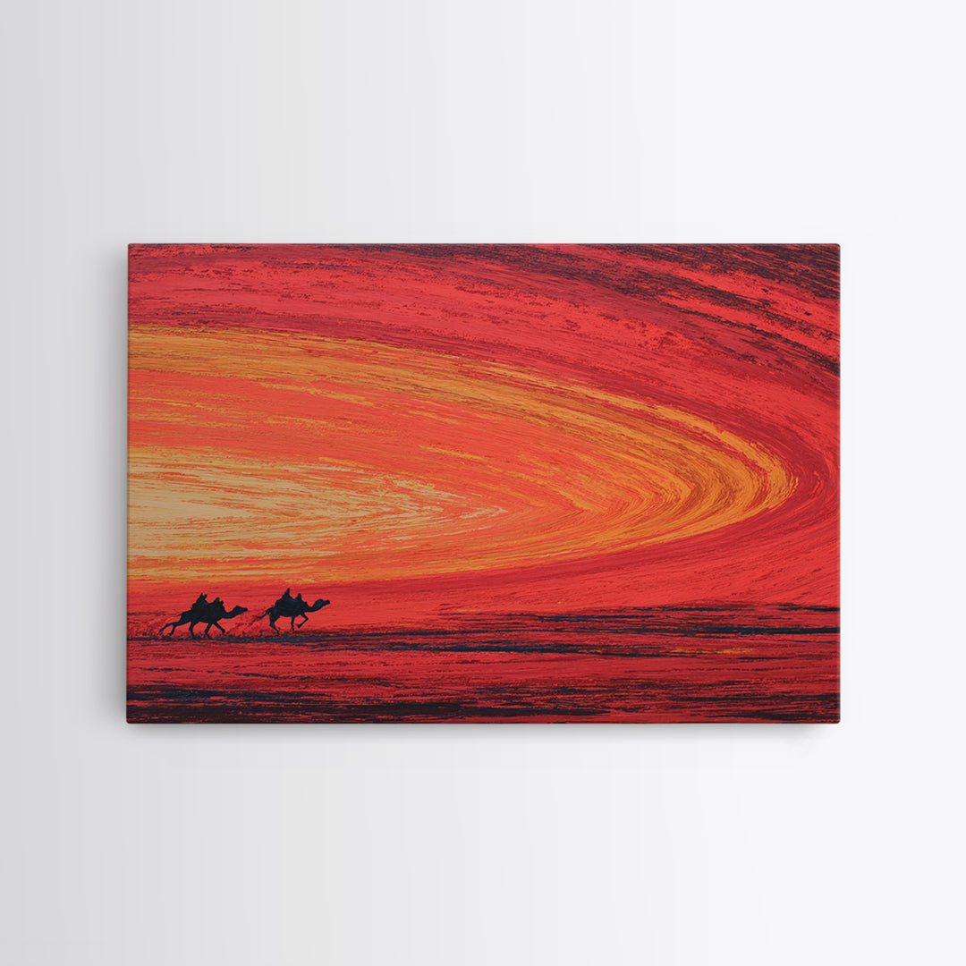Camels Crossing Fiery Desert Sunset Canvas Print, African Safari Art, Burnt Orange Decor, Travel Poster, Statement Wall Decor