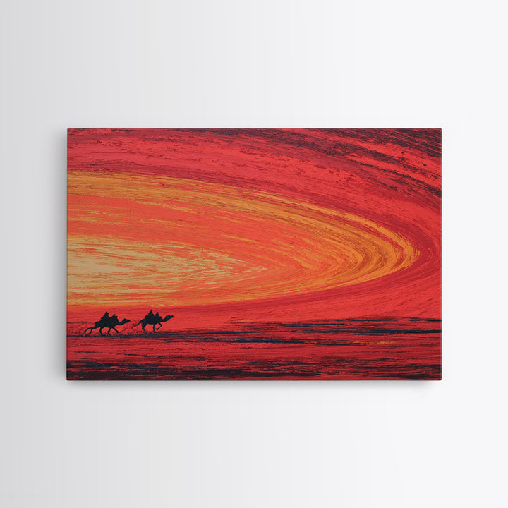 Camels Crossing Fiery Desert Sunset Canvas Print, African Safari Art, Burnt Orange Decor, Travel Poster, Statement Wall Decor