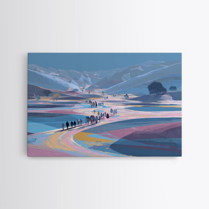 Pastel Mountain Valley Caravan Wall Art, African Landscape Inspired Travel Print, Blue Pink Nature Scene Art, Large Decor