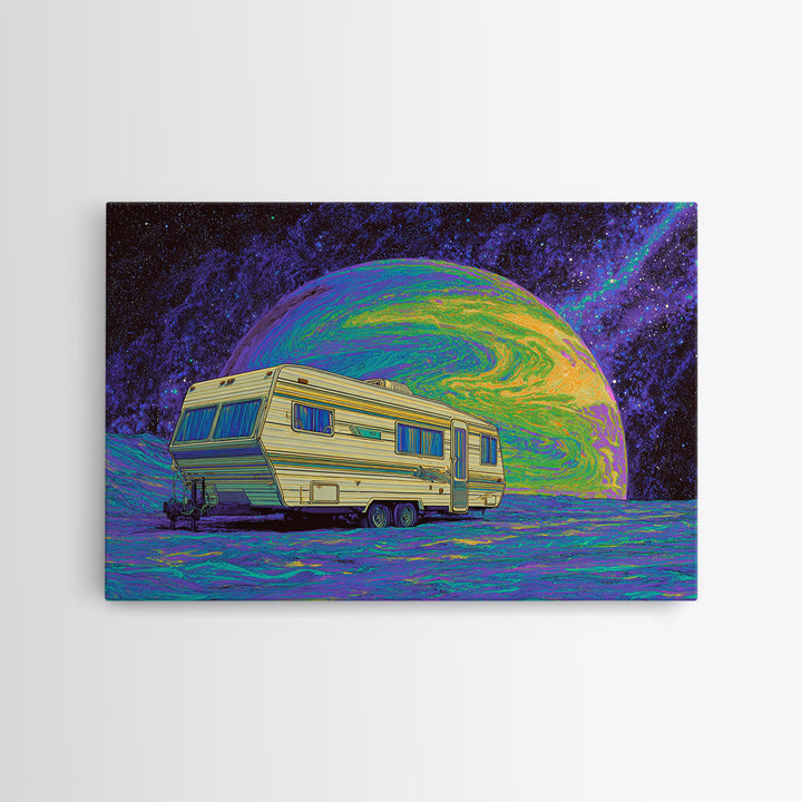 Retro Camper On Psychedelic Alien Planet Canvas Print, Digital Art, Afrofuturism Decor, Space Travel Poster, Unique Wall Decor