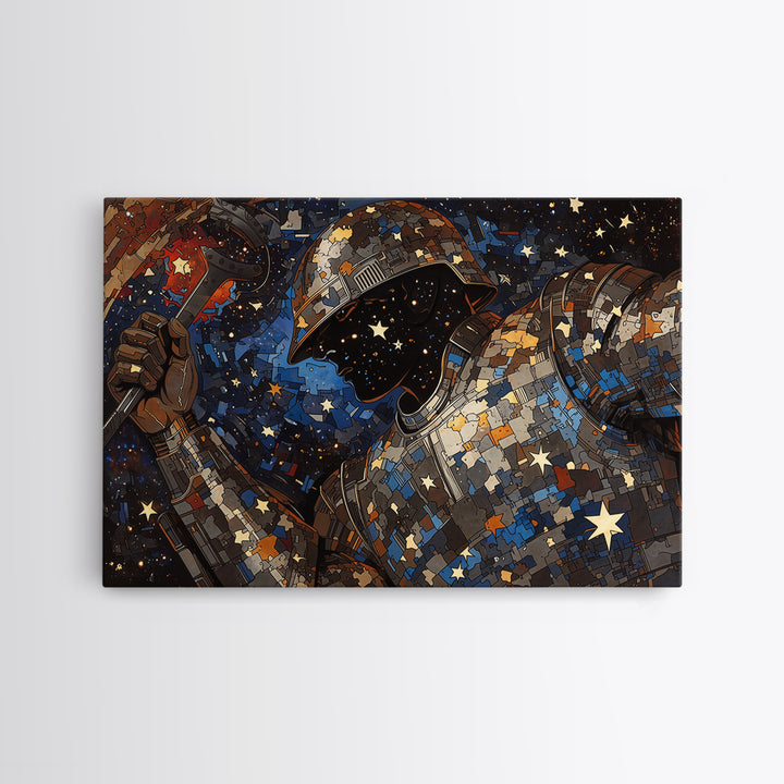 Star Filled Cosmic Warrior Portrait Framed Canvas Print, African Warrior Art, Afrofuturism Decor, Bold Contemporary Art Print