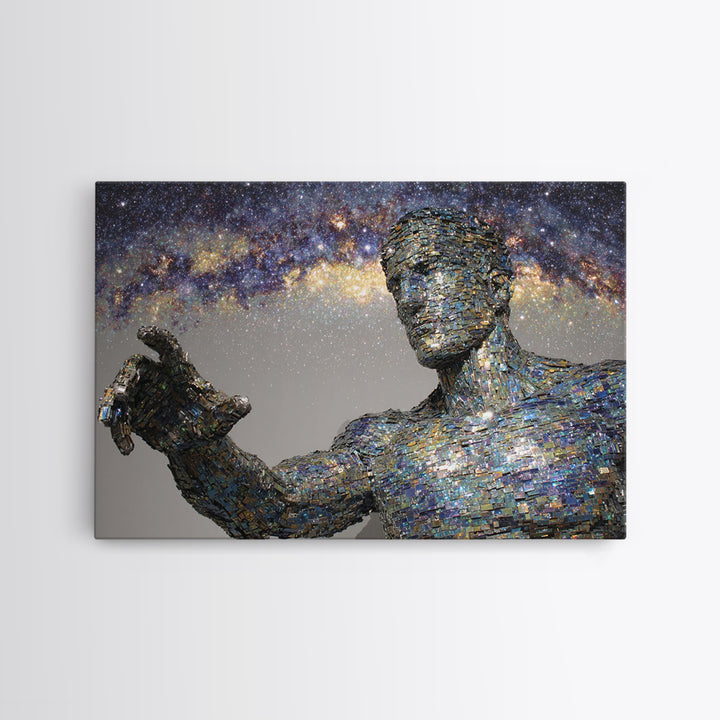 Faceless Cosmic Figure Reaching To Stars Framed Canvas Print, Modern Sculpture Art, Galaxy Wall Decor, Unique Canvas Art