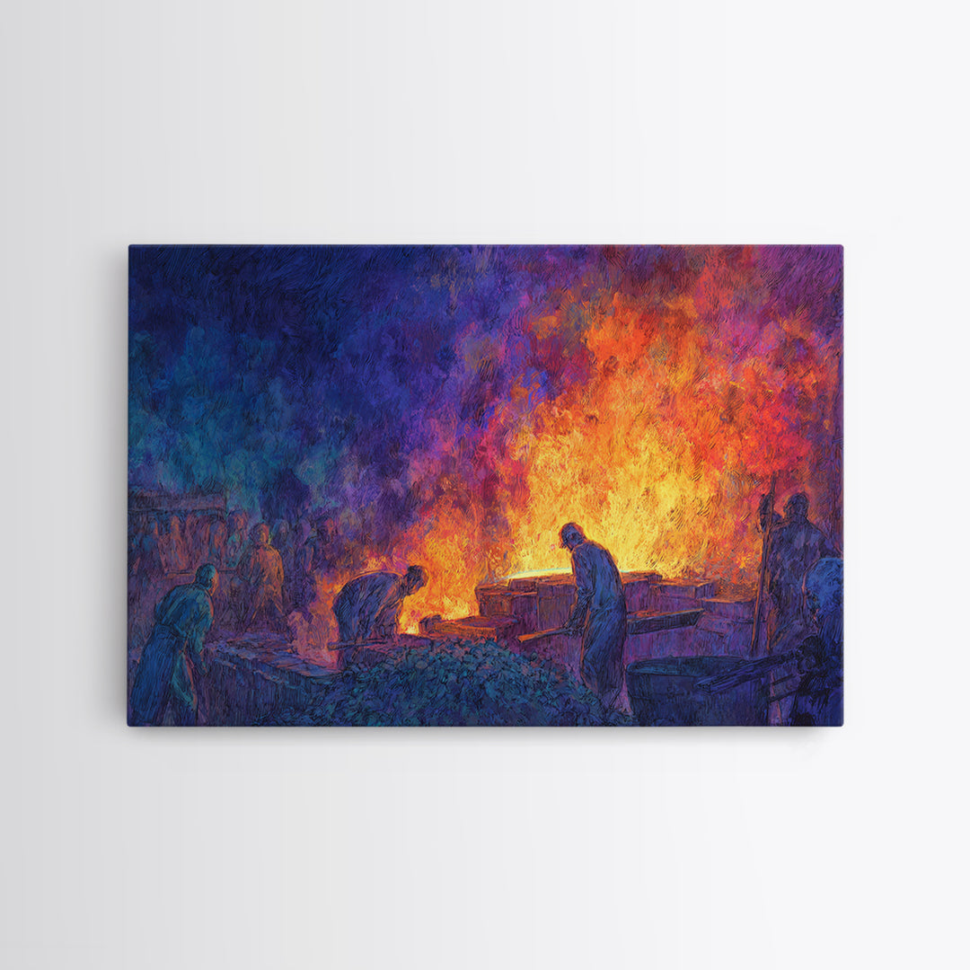Workers Around Blazing Forge Wall Art, African American Art, Industrial Painting, Blue Orange Decor, Cultural Home Decor