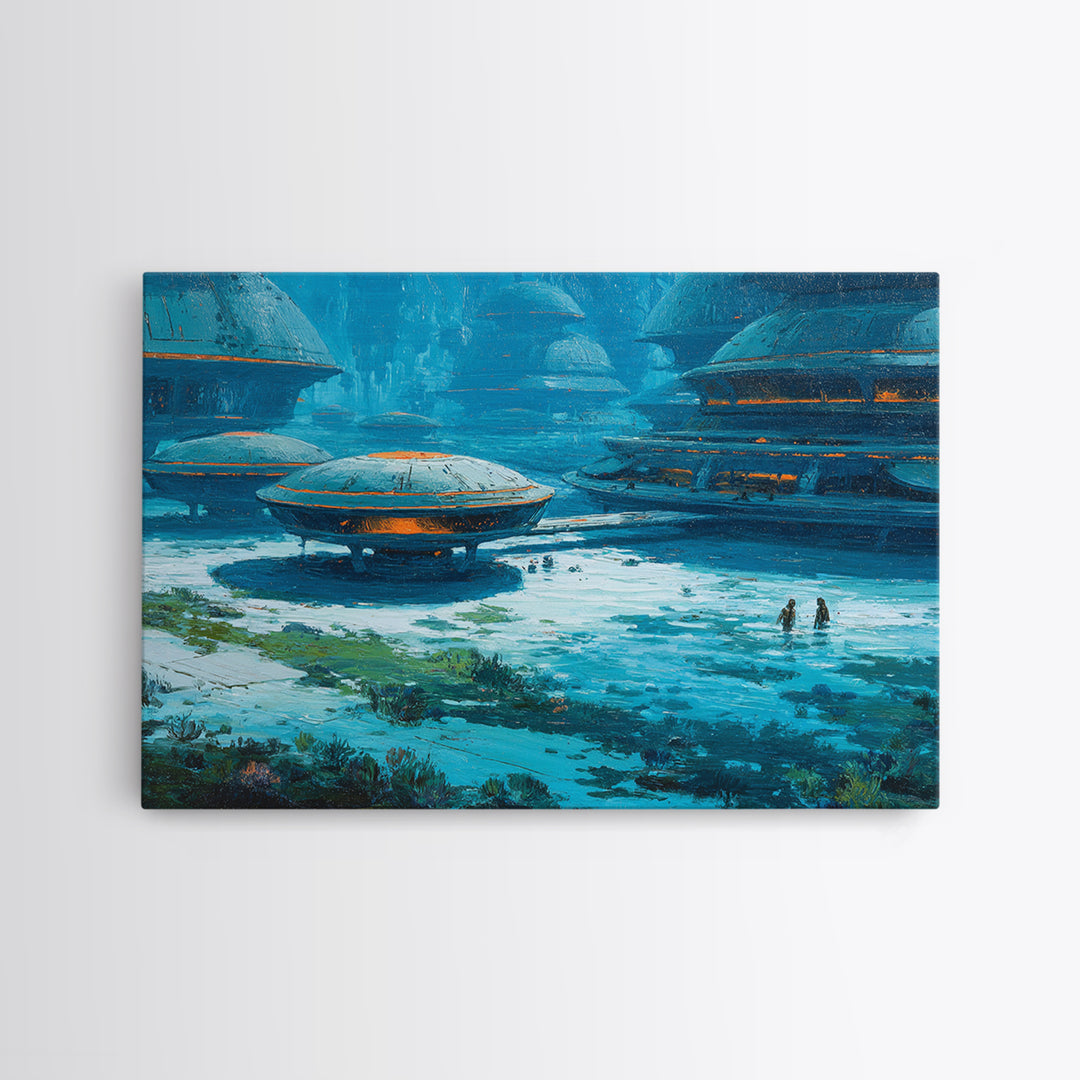 Blue Futuristic African Village Canvas Print, Afrofuturism Decor, Sci Fi Landscape, Modern Canvas Art, Unique Home Decor Gift