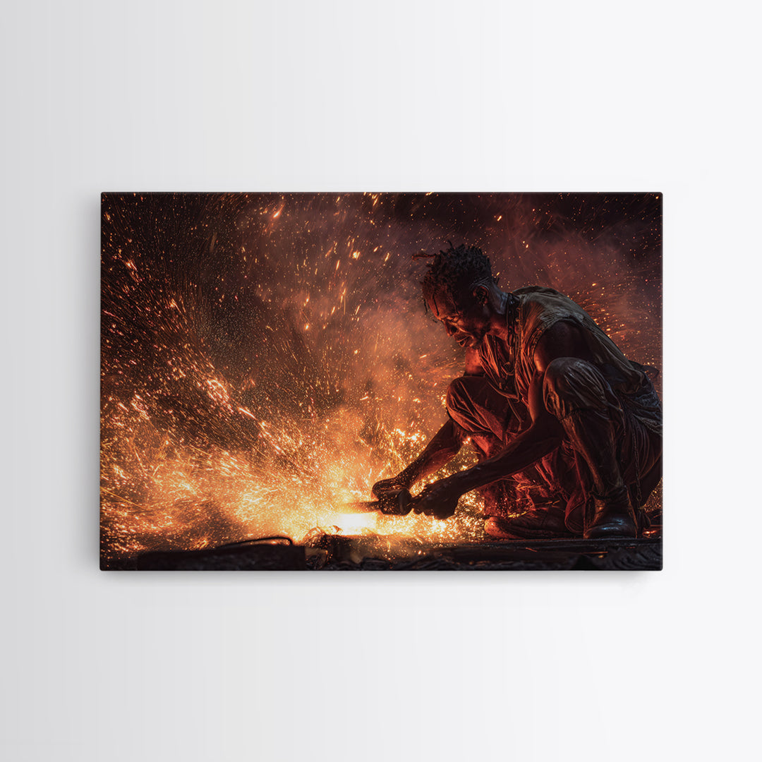 Black Artisan Forging Sparks Framed Canvas Print, African American Art, Black Man Portrait, Powerful Industrial Wall Decor Gift