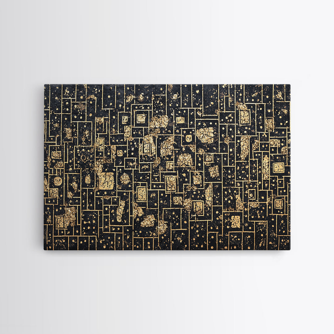 Gold Linear Geometric Maze Canvas Print, African Abstract Art, Black And Gold Art, Luxury Canvas Art, Elegant Wall Decor