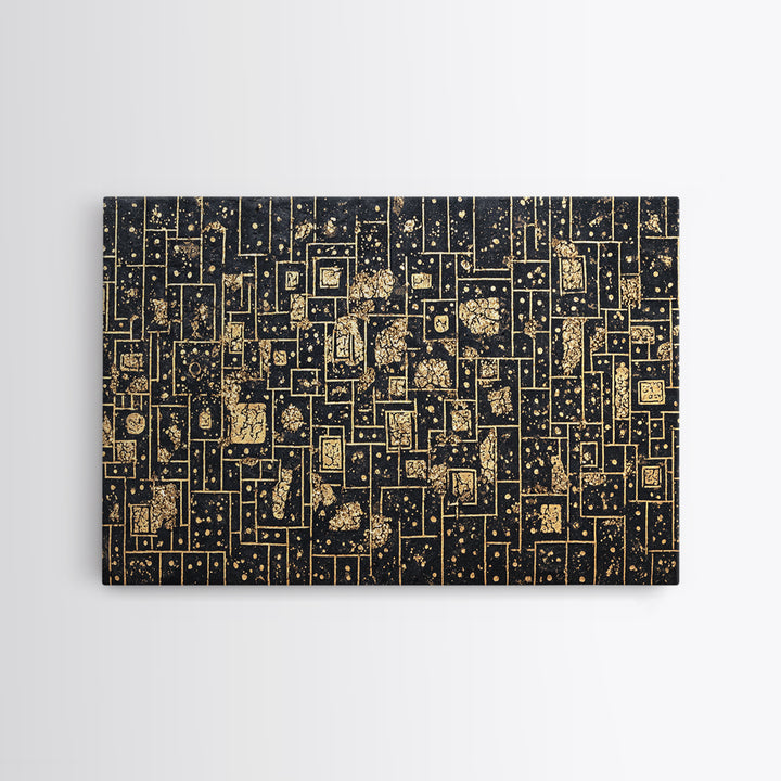 Gold Linear Geometric Maze Canvas Print, African Abstract Art, Black And Gold Art, Luxury Canvas Art, Elegant Wall Decor