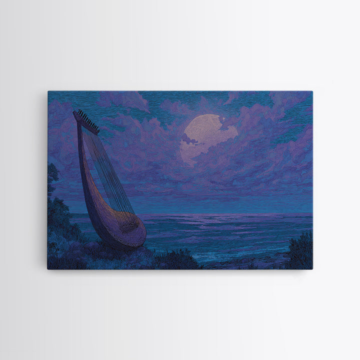 Moonlit African Kora By Ocean, Blue Purple Canvas Print, Afrocentric Wall Decor, African Music Art, Dreamy Coastal Decor