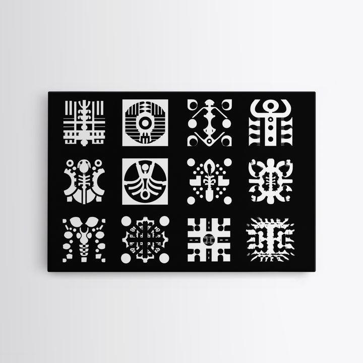 Black And White African Tribal Symbols Wall Art, Geometric Pattern Print, Afrocentric Decor, Modern African Art, Bold Office Decor