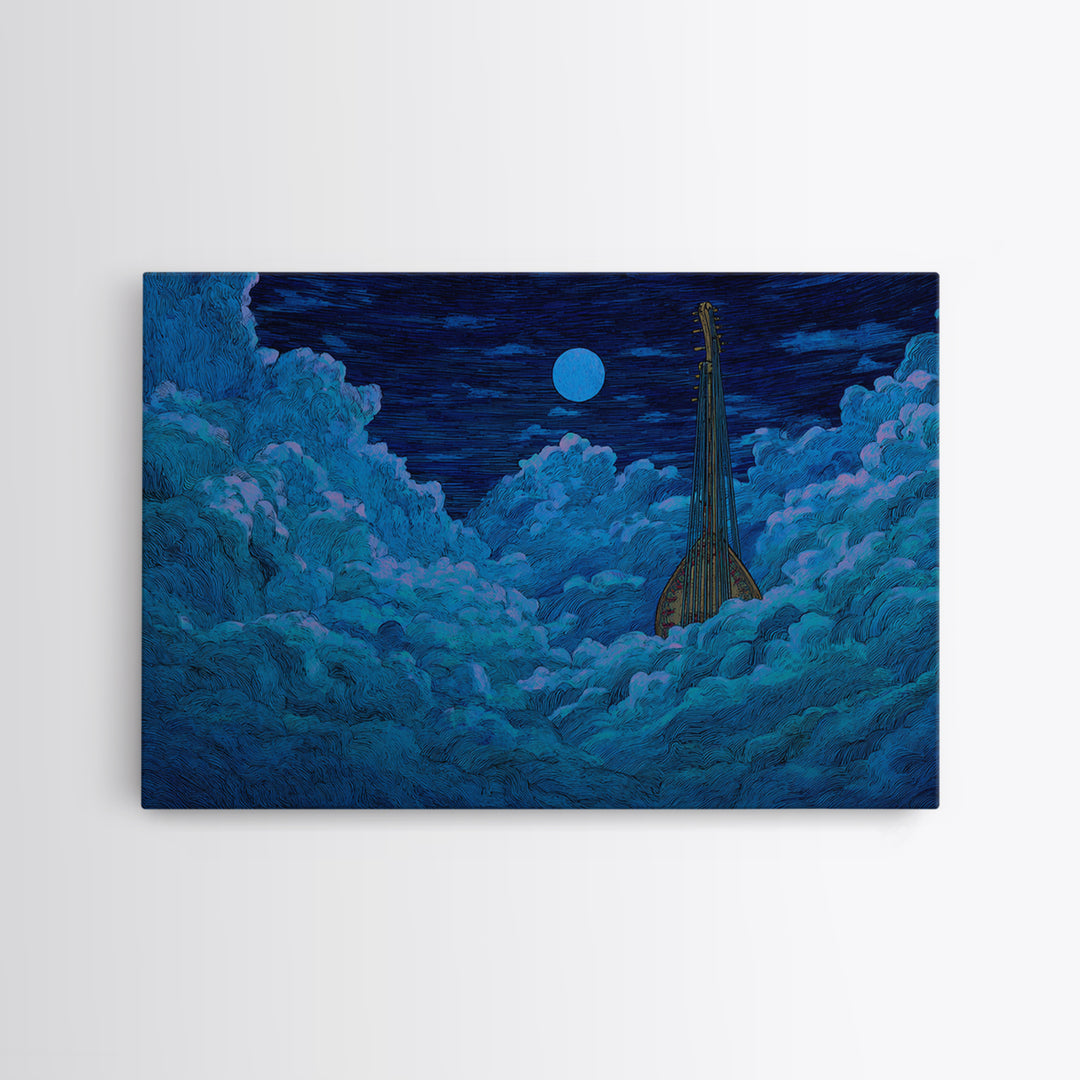 Blue Moon African Kora In Clouds Canvas Print, Dreamy Night Sky Wall Art, Afrocentric Music Decor, Mystical Bedroom Decor